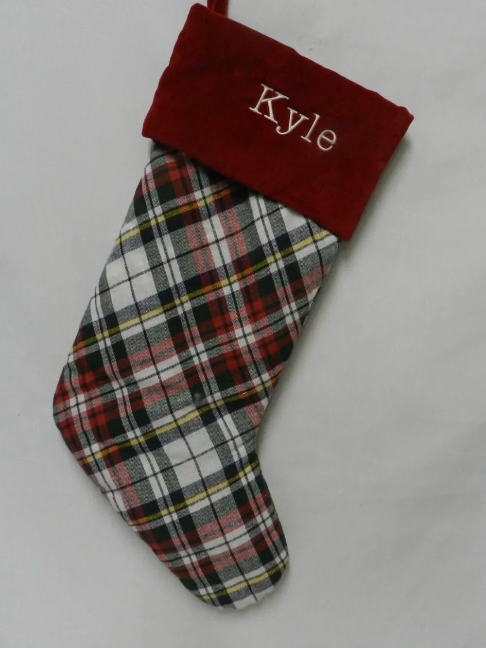Pottery Barn Embroidered Kyle Christmas Stocking red Velvet Tartan plaid